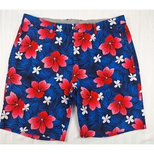 Hreski Mens Tropical Hibiscus Golf Shorts Blue Red Floral Stretch Size 40